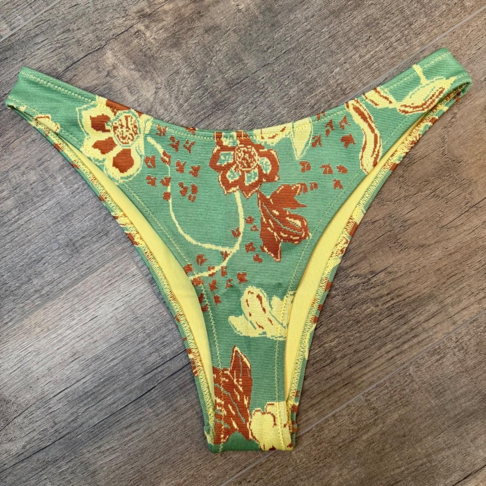NEW Aerie Cheekiest Bikini Bottom Green Yellow Floral Ribbed Swim Womens XS Boho